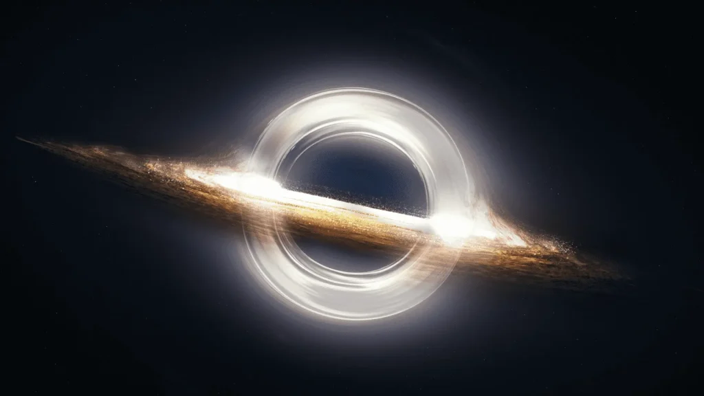 A black hole’s event horizon depicted in space, with surrounding stars and gas clouds being distorted by the immense gravity.