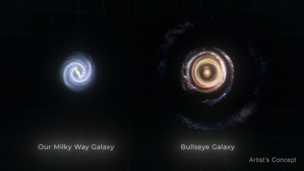 Comparison of the nine-ring galaxy and the Milky Way, illustrating differences in galactic structures and formation