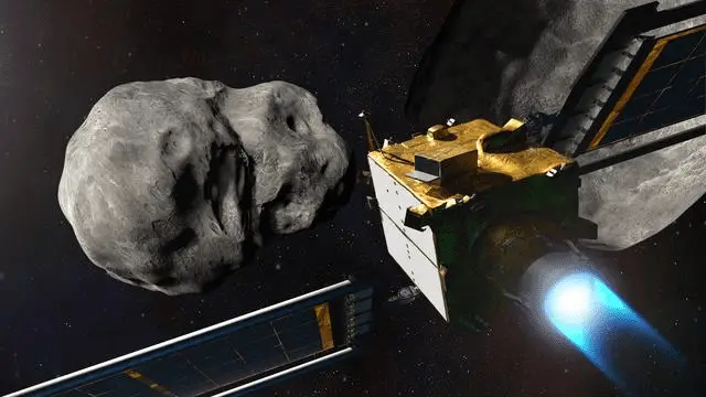 An artistic rendering of NASA's DART spacecraft colliding with an asteroid, demonstrating a planetary defense strategy.