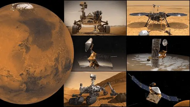 A collage of all Mars missions, including rovers, landers, and orbiters from NASA, ESA, ISRO, and other space agencies